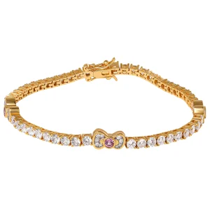 Vòng tay Hello Kitty mạ vàng hai tông màu hình nơ (Đá sapphire hồng và trắng)